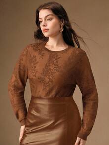 Anewsta Sheer Openwork Knit Round Neck Sweater, Elegant, Chic, Stylish, Suitable For Fall, Winter, New Year, Christmas, Going Out - Coffee Brown - View 3