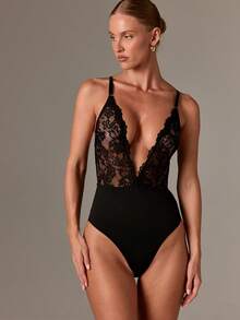 AiiRZ 深 V 领蕾丝紧身衣，透明花卉图案内衣，连体紧身晚会俱乐部夜间外出装，夏季时尚 - 黑色 - 查看 5