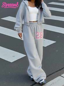 SHEIN Explorewe 三件套少女纯色保暖连帽拉链衫、吊带背心和阔腿裤休闲套装，适合日常穿着、通勤和上学，秋冬季街头风。 - 灰色 - 查看 6