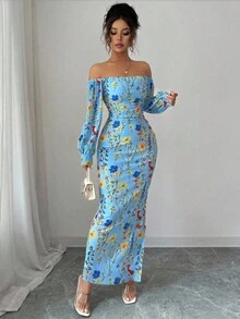 Rafferiza Women's Light Blue Floral Elegant Summer Holiday Vacation Holiday Off-Shoulder Floral Branch Print Mesh Elastic Waist Bodycon High Slit Maxi Dress - Blue - View 3
