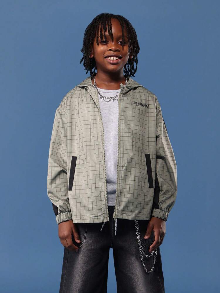 Grid Pattern Windbreaker Jacket With Hood And Zip Pockets
