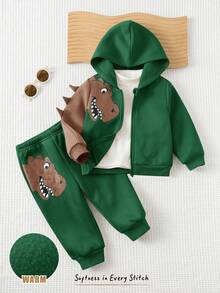 Cozy Pixies 2件套男童卡通恐龙印花连帽夹克和松紧腰裤套装 - 墨綠色 - 查看 7