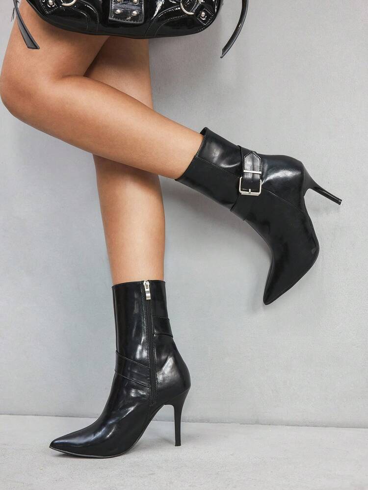 CUCCOO SZL Women's Pointed Toe Stiletto Buckle Sexy Elegant Fashion Mid-Calf Boots