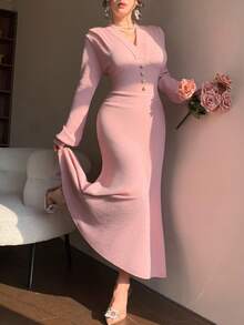 DAZY Robe pull élégante à encolure en V et taille cintrée pour femmes - Rose bonbon - Voir 7