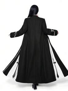 Whyspr 大码十字装饰拼色朋克风格长款纽扣羽绒服，修身腰部，秋冬 - 黑與白 - 查看 2