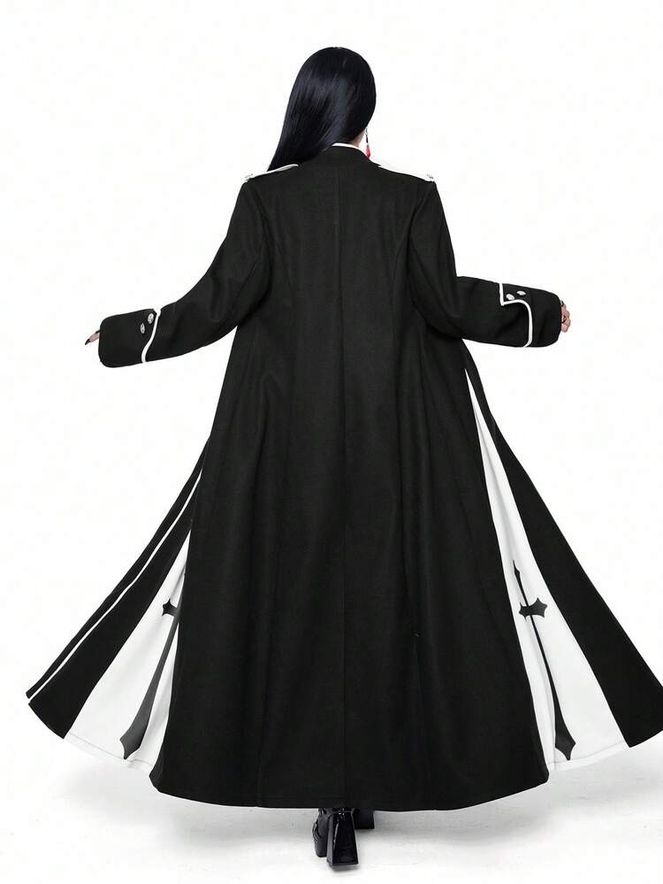 SHEIN Whyspr Casual Punk Plus Size Cross Decor Colorblock Punk Style Long Button Down Coat, Slimming Waist, Autumn/Winter - Black and White - View 2