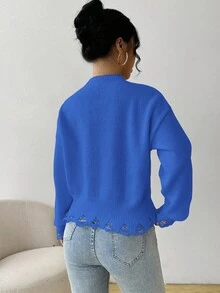 SHEIN LUNE 女士休闲字母刺绣毛衣，秋冬 - 寶藍色 - 查看 2