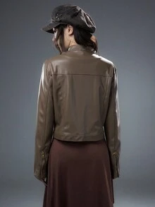 Bloopia Retro American Mirage Chic PU Leather Jacket For Women,High Neck Cropped Autumn Jacket,All Shades Of Brown Night Out Halloween Minimalist - Brown - View 2