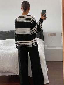 DAZY Bộ đồ ngủ dài tay dệt kim họa tiết sọc họa tiết cho nữ 2 món, đồ mặc nhà thường ngày cho mùa thu/đông, quần áo mùa thu - màu đen - Xem 2