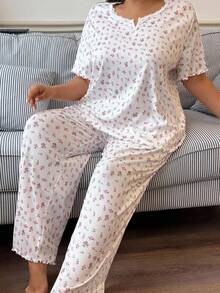 CottageSlumber Conjunto de pijama plus size romântico com blusa e calça de malha floral, conjunto de pijama floral feminino, conjunto de pijama floral rosa, conjunto de pijama de 2 peças, conjunto de pijama com flor de cerejeira - Branco - Ver 7