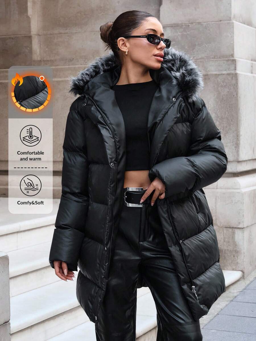 SHEIN Solid Long Sleeves Casual Button Up Hooded Padded Coat Winter