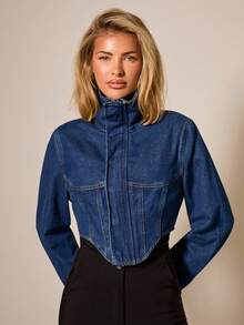 COSMINA Women's Casual Stand Collar Cropped Denim Jacket, Autumn Jean Jacket For Women - Dark Wash - View 6