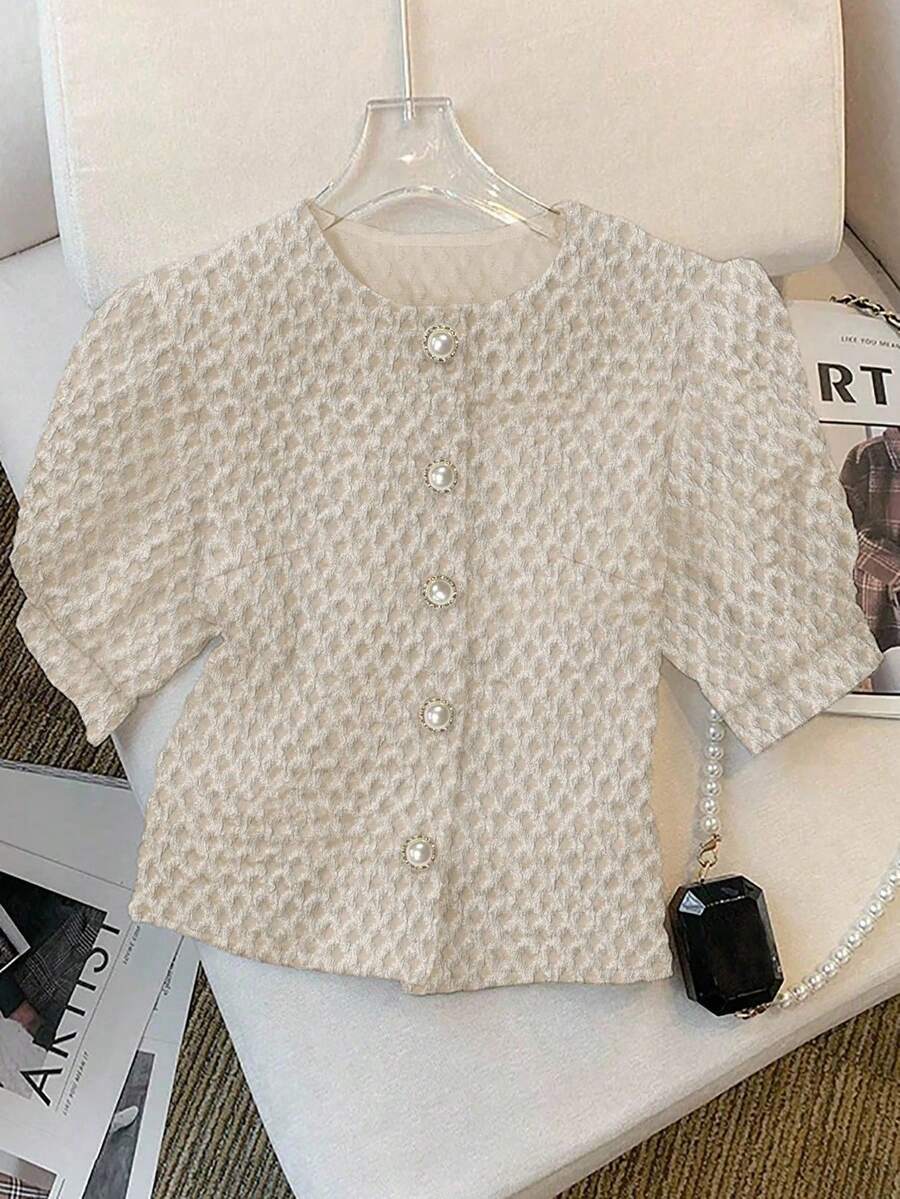 Franclia Áo cánh tay bồng đính nút họa tiết thanh lịch thời trang nữ - Màu Khaki - Xem 1