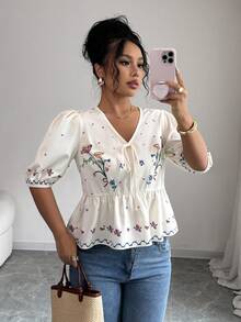 Breezaya French Elegant Romantic V-Neck Tie Floral Print Women Summer Blouse