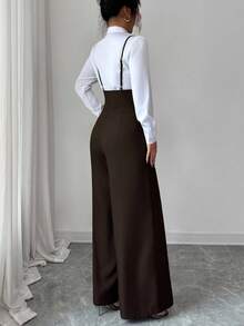 Elenzga 新款女士梭织斜纹高腰侧拉链可调节肩带休闲优雅阔腿连体裤，适合通勤和日常穿着，秋冬季款 - 棕色 - 查看 2