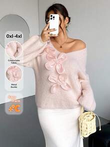Firerie Maglione lavorato a maglia con maniche lunghe, scollo a V, comodo e morbido, decorato con fiori rosa, adatto per San Valentino, concerti, performance, appuntamenti, cene formali, gala, matrimoni, sexy, elegante, pendolarismo, ritorno a scuola, vacanze, spiaggia, romantico e grazioso, chic da ufficio, stile sirena, feste di compleanno in autunno/inverno - Rosa - Visualizzare 4