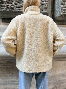 EURMUSE 拉链落肩泰迪外套，女士春秋休闲口袋，拉链落肩漏斗领常规版型米色纯色女士外套，休闲日常穿着 - 米色 - 查看 2