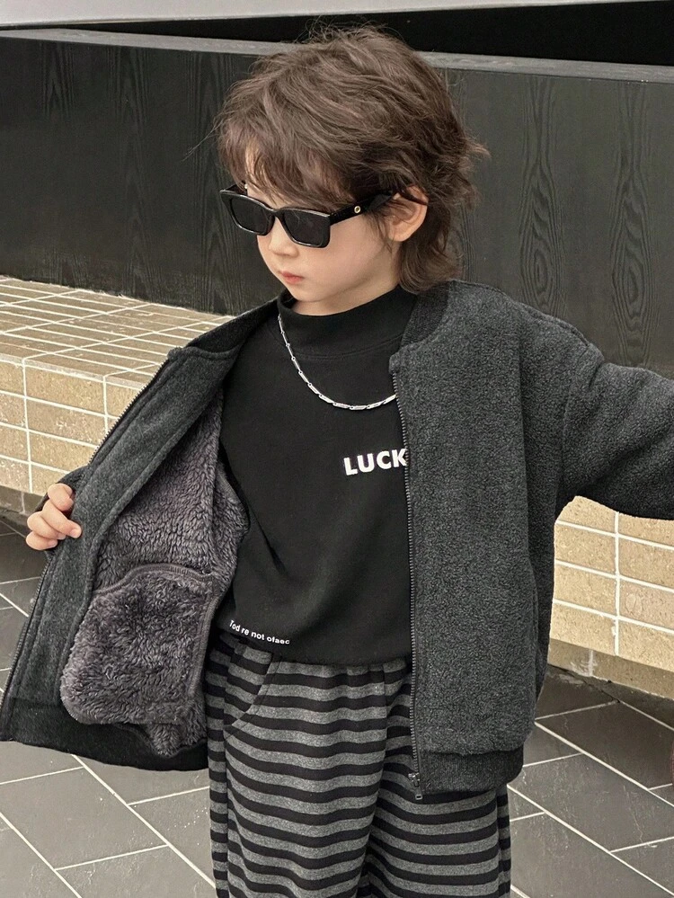 Casual Loose Versatile Zip-Up Long Sleeve Young Boys Jackets Thermal Lined,Winter