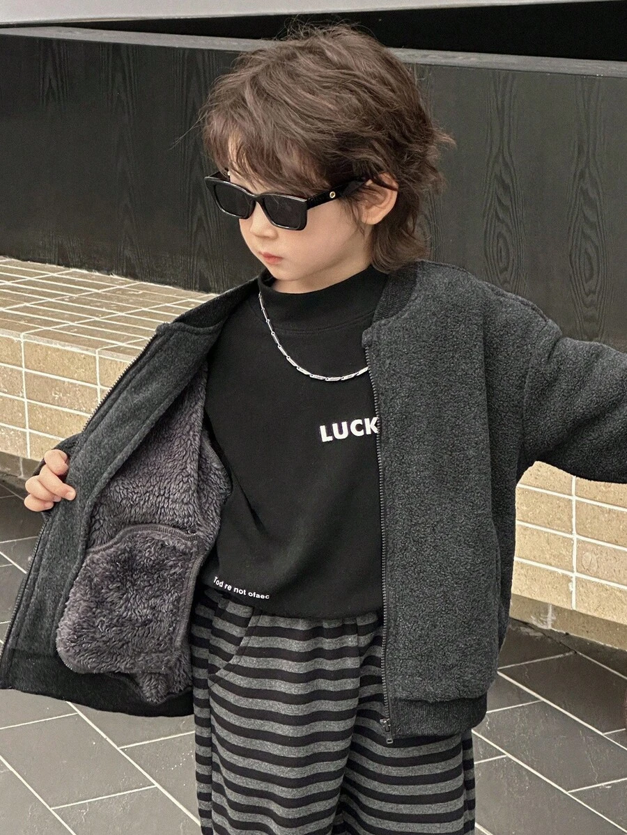 DAZY Casual Loose Versatile Zip-Up Long Sleeve Young Boys Jackets Thermal Lined,Winter - Dark Grey - View 1