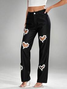 Denimoi Quần jean denim ống đứng cạp cao cắt đá hình trái tim - màu đen - Xem 5