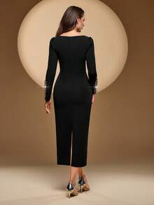Modelyn Elegantes französisches Perlen- & Strass-verziertes, vintage, luxuriöses, farbiges Strass-Dekor, quadratischer Kragen, Langarm, dehnbar, tailliert, schlanker, eleganter Luxus-Pendler-Kleid für Frauen - Schwarz - Übersicht 2