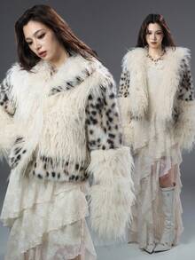 Bloopia Abrigo corto de piel sintética con cuello vuelto y parches de estampado de leopardo, estilo urbano y versátil, adecuado para otoño/invierno y Halloween