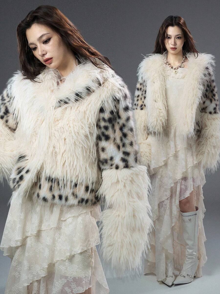 Bloopia Abrigo corto de piel sintética con cuello vuelto y parches de estampado de leopardo, estilo urbano y versátil, adecuado para otoño/invierno y Halloween