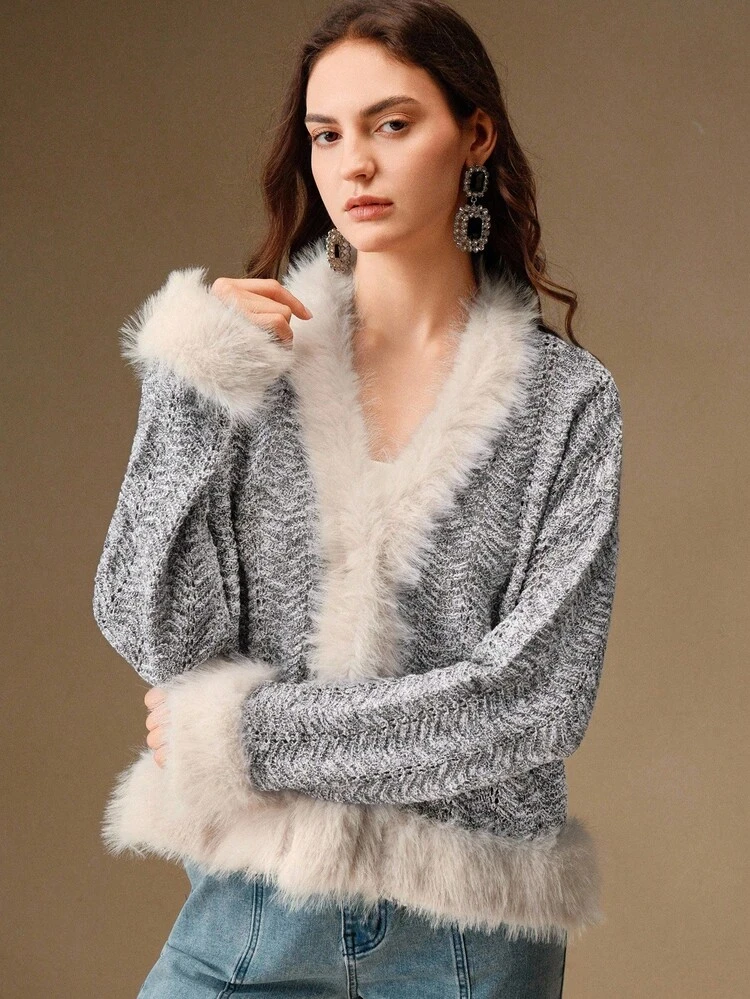 Women's Patchwork Faux Fur Collar Knit Cardigan Sweater