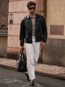 HIMLAND 男士休闲多口袋翻领PU皮长袖夹克，复古工装夹克，黑色拉链夹克，休闲日常穿着，秋冬季，颓废风 - 黑色 - 查看 2