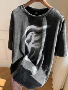 SHEIN EZwear 女士夏季黑色针织酸洗鬼脸印花T恤 - 黑色 - 查看 6