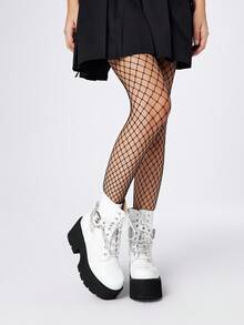 ROMWE Grunge Punk 女式朋克风格厚底粗跟踝靴，哥特式金属链装饰厚底坡跟战斗靴，舒适，万圣节 - 白色 - 查看 2