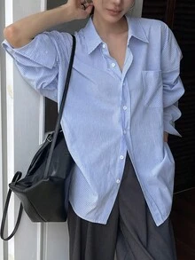 DAZY Áo sơ mi nữ dáng rộng kẻ sọc thường ngày đi học tay dài - trắng - Xem 4