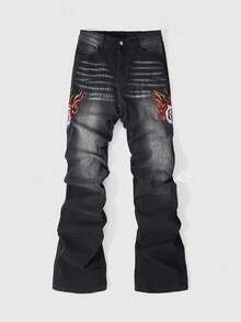 ROMWE MEN Street Life Herren Jeans mit Flammen Muster, Tasche, Falten und weitem Bein - Schwarz - Übersicht 1