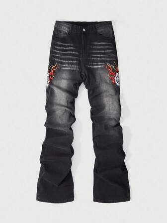 Street Life Jeans évasés décontractés à plis avec motif de flamme pour hommes