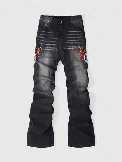 Street Life Jeans casuales con pliegues y bolsillos con estampado de llamas