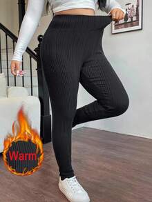 SHEIN PETITE CURVE Leggings casual in vita alta taglia comoda, termici per autunno/inverno - nero - Visualizzare 5