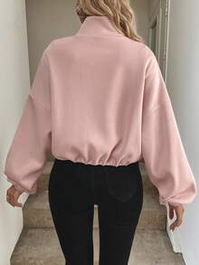 Easowa 女士拉链抽绳长袖休闲连帽运动衫夹克，机场女士服装，秋冬七分袖上衣 - 粉色 - 查看 2