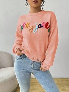 SHEIN LUNE Sweater Kasual Wanita dengan Bahu Longgar dan Kerah Bulat, Motif Huruf dan Grafis, Musim Gugur - Baby Pink - View 6
