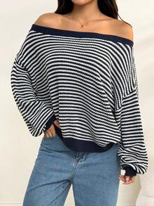 SHEIN PETITE Áo len trễ vai họa tiết sọc ấm áp cho mùa thu đông - Nhiều màu - Xem 3