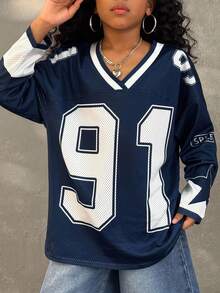 Coolane Kids 青少年女孩秋冬街头运动休闲亲子服装透气网眼棒球服 V 领 T 恤、补丁、返校、运动休闲 - 藏蓝色 - 查看 5