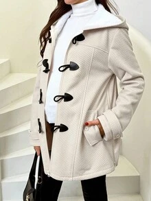 SHEIN 孕妇秋冬喇叭纽扣前长袖连帽羊毛三合一夹克 - 卡其色 - 查看 3