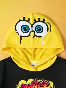SpongeBob SquarePants | SHEIN 少女涂鸦卡通图案撞色宽松落肩连帽卫衣，秋冬 - 黑色 - 查看 4