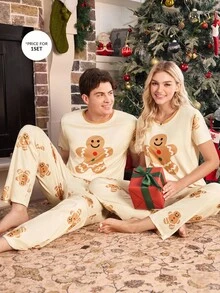 CoupledUp Gingerbread Man Print Contrast Color Pullover Short Sleeve Pajama Set,Men Couple Matching Christmas Pjs,Rainbow,Summer,Cute,Lounge Pajamas - Multicolor - View 3