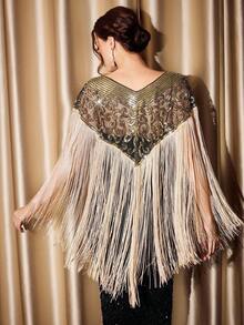 Vintamour 时尚亮片刺绣流苏下摆披肩上衣 - 黑色和金色 - 查看 2