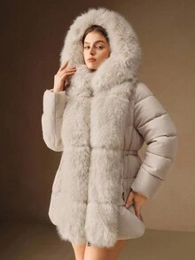 Anewsta Manteau mi-long élégant pour femmes grandes tailles, avec capuche en fausse fourrure et taille cintrée