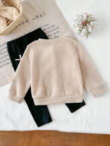 SHEIN Baby Girl Infant Toddler Newborn 0-3 Years Old Autumn/Winter Fashion Knitted Fuzzy Ribbed Bow Cardigan Jacket + Leggings Pants 2-Piece Outfit Set Fall