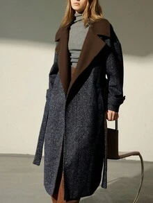 Aveloria Modichic Abrigo largo de mujer con cuello de solapa de color contrastante, decorado con corbata de tela de tweed, estilo francés - Multicolor - Ver 6