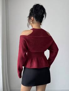 Elenzga Suéter de punto con volantes en el bajo, mangas largas, hombros descubiertos y decoración de lazo exagerado de unicolor para mujer - Rojo - Ver 3
