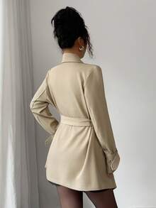 Elenzga 女式优雅卡其色不对称下摆长袖收腰风衣，百搭秋季外套 - 卡其色 - 查看 2