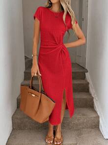 Easowa 1. 优雅腰部扭纹高开衩无袖中长连衣裙，休闲杏色纹理紧身连衣裙，女士生日装，女士健身套装，女士婚礼宾客礼服，女士办公室服装，白色毕业礼服 - 紅色 - 查看 2